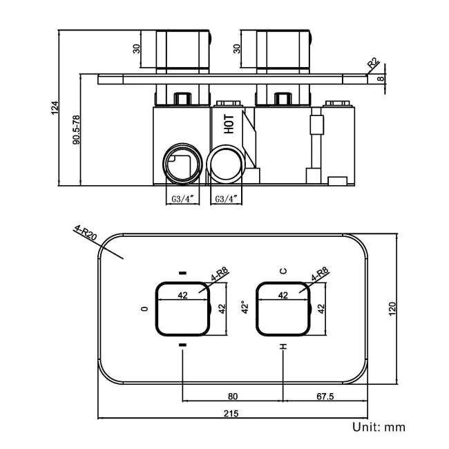 Galway Premium Matt Black Square Thermostatic Shower Valve - 2 Outlets