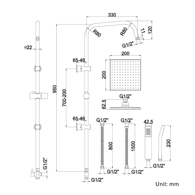 Lismore Square Matt Black Shower Riser Kit