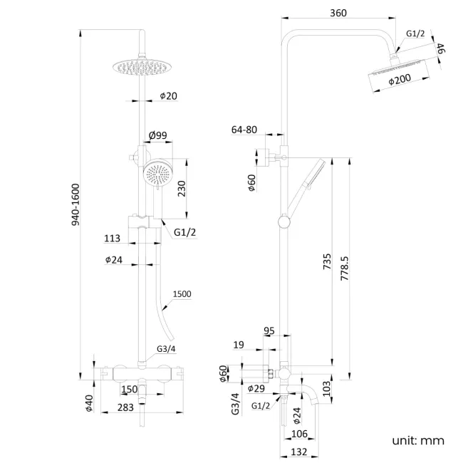 Doon Round Brushed Brass Thermostatic Bath Filler Shower Set