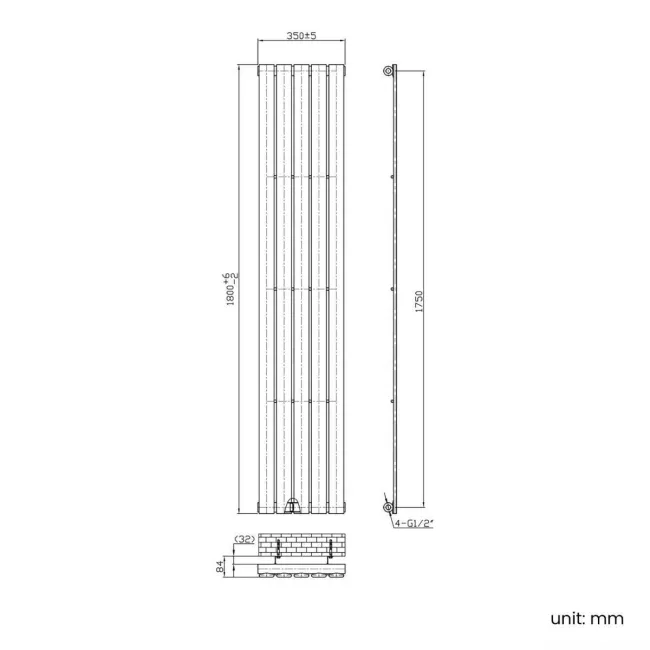 Faro White Single Flat Panel Vertical Radiator 1800x350mm