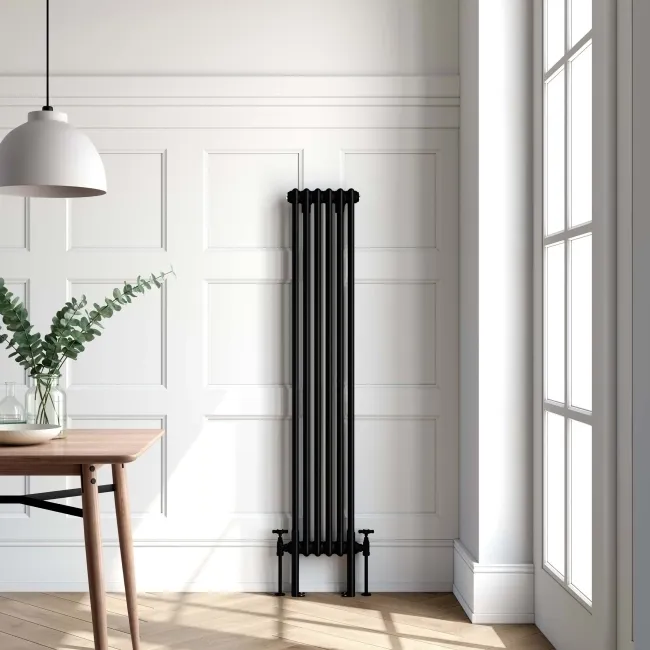 Athens Matt Black Double Column Vertical Traditional Radiator 1500x290mm