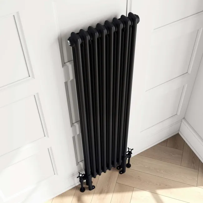Athens Matt Black Double Column Vertical Traditional Radiator 1500x380mm