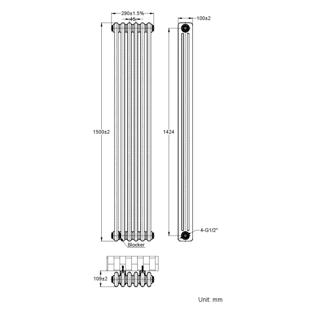 Athens Matt Black Triple Column Vertical Traditional Radiator 1500x290mm