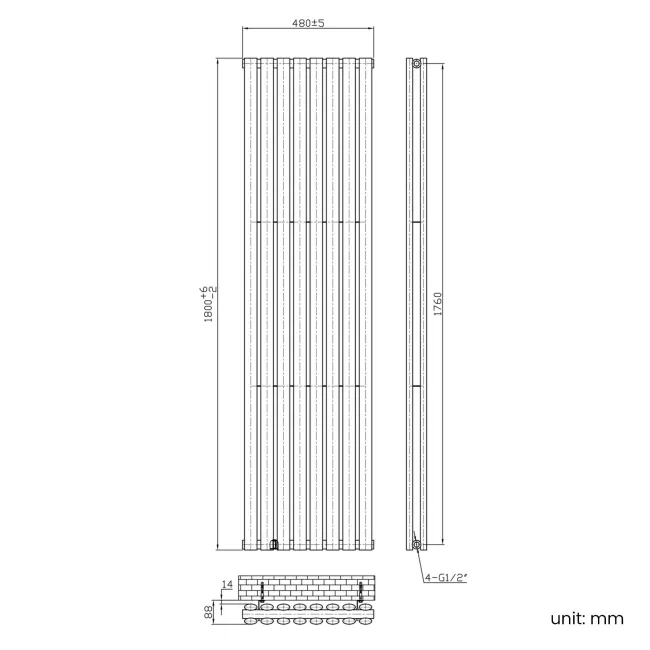 Marbella Matt Black Double Oval Panel Radiator 1800x480mm