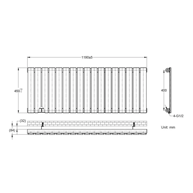 Faro White Single Flat Panel Horizontal Radiator 450x1190mm