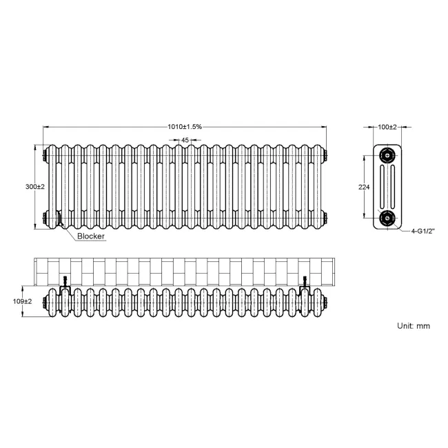 Athens White Triple Column Horizontal Traditional Radiator 300x1010mm