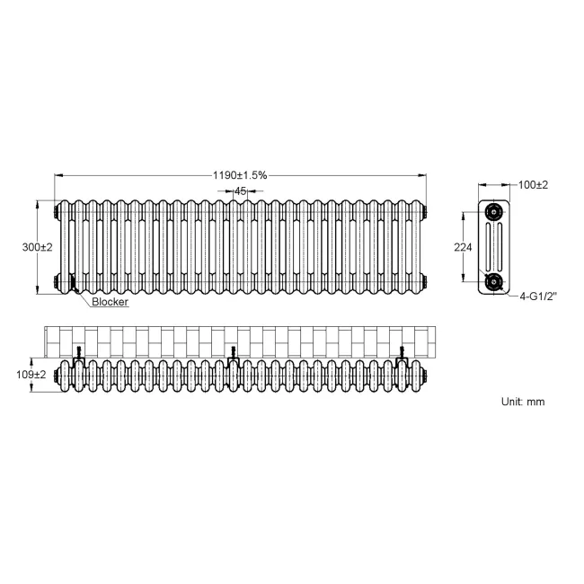 Athens Anthracite Triple Column Horizontal Traditional Radiator 300x1190mm