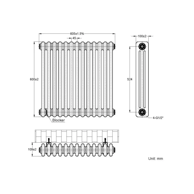 Athens Matt Black Triple Column Horizontal Traditional Radiator 600x605mm