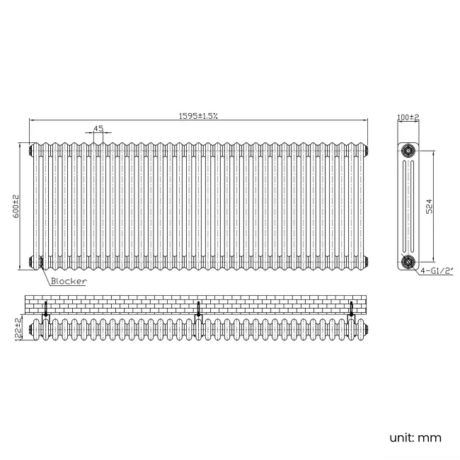 Athens Matt Black Triple Column Horizontal Traditional Radiator 600x1595mm