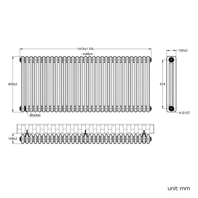 Athens Raw Metal Triple Column Horizontal Traditional Radiator 600x1415mm