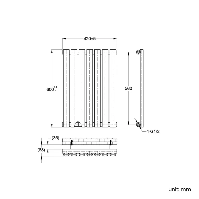 Marbella Matt Black Single Oval Panel Radiator 600x420mm