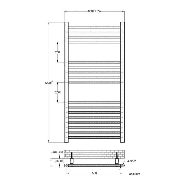 Barcelona Anthracite Straight Heated Towel Rail 1200x600mm