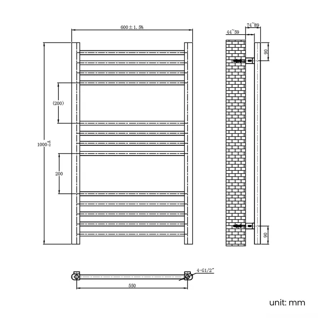 Barcelona Brushed Brass Straight Heated Towel Rail 1000x600mm