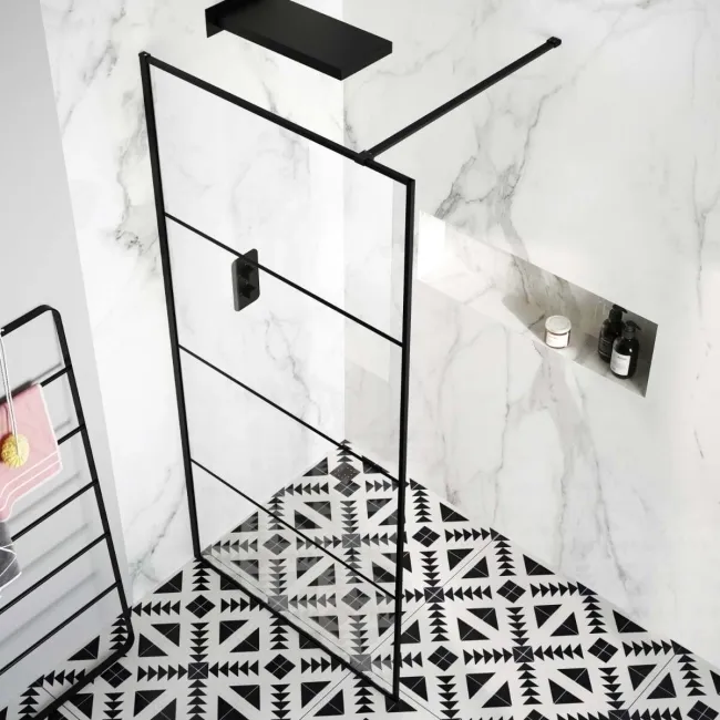 Munich Matt Black Grid Easy Clean 8mm Wet Room Shower Glass Panel 1000mm