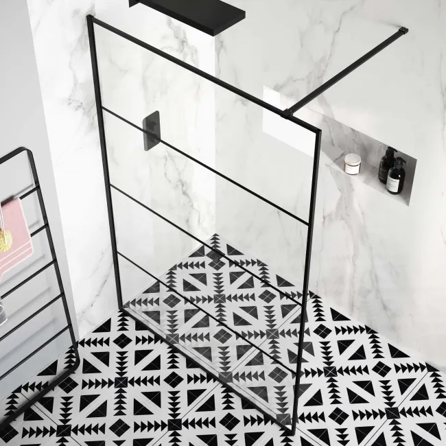 Munich Matt Black Grid Easy Clean 8mm Wet Room Shower Glass Panel 1400mm