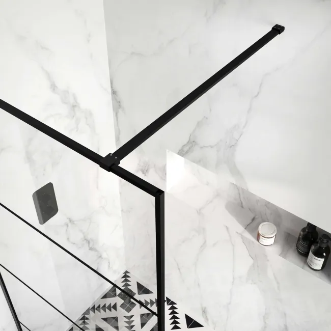 Munich Matt Black Grid Easy Clean 8mm Wet Room Shower Glass Panel 1100mm