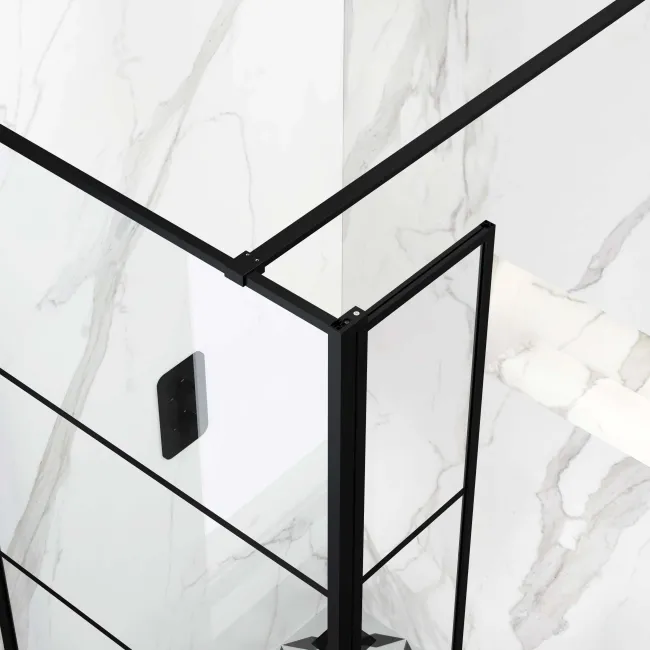 Munich Matt Black Grid Easy Clean 8mm Pivotal Wet Room Shower Glass Return Panel 250mm