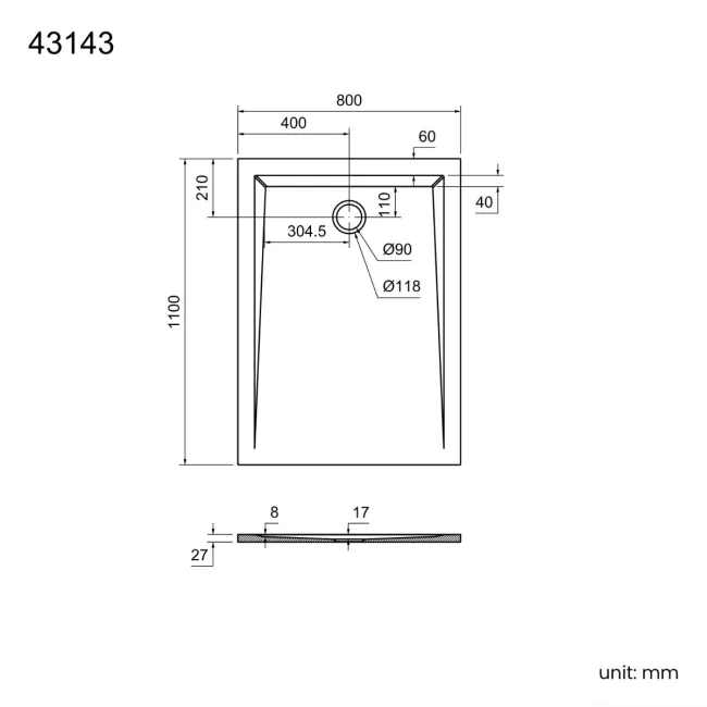 Sydney Low Profile Rectangular Gloss White Stone Shower Tray 1100x800mm