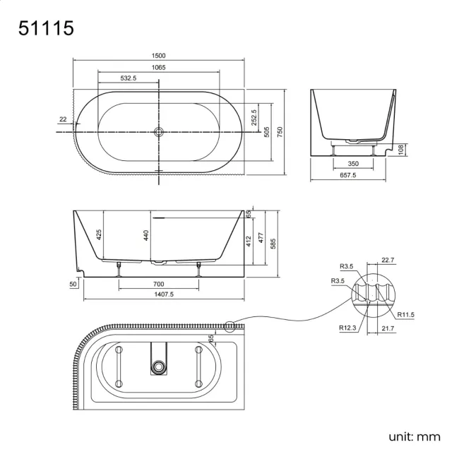 Barnet 1500mm Fluted Curved Corner Bath - Right Handed