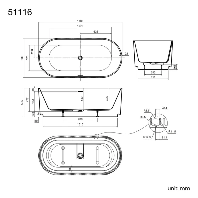 Barnet 1700mm Fluted Freestanding Bath