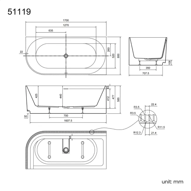 Barnet 1700mm Fluted Curved Corner Bath - Right Handed
