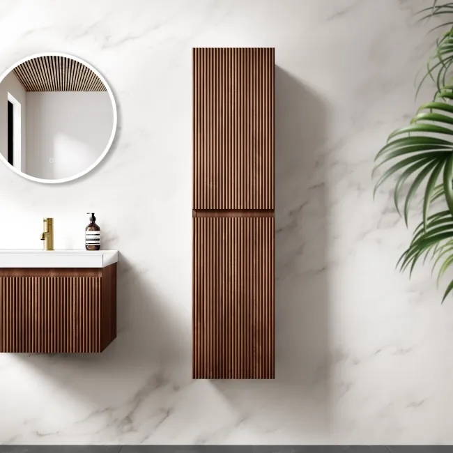 Malta Fluted Black Walnut Wall Hung Tall Cabinet 1400x350mm