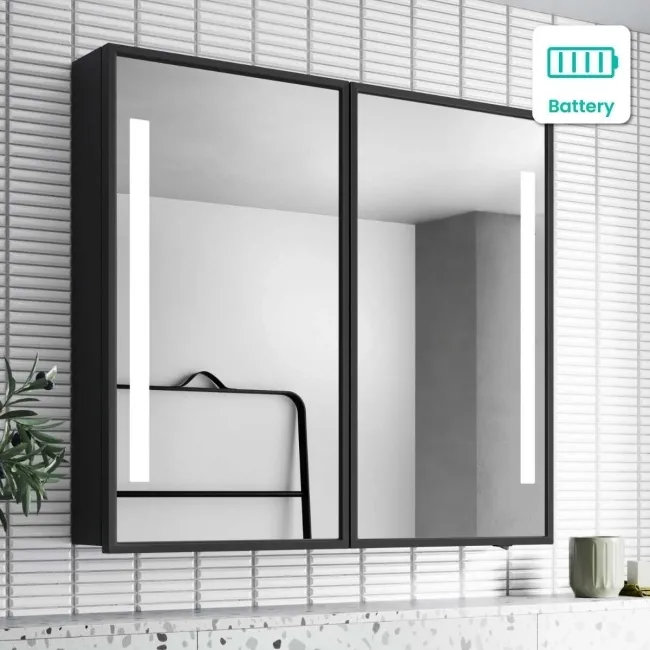 Mia Battery Operated Black Framed Illuminated LED Mirror Cabinet 710x800mm
