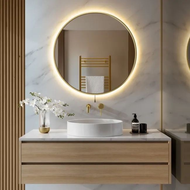 Delilah Battery Operated Brushed Brass Round Backlit LED Mirror 800mm