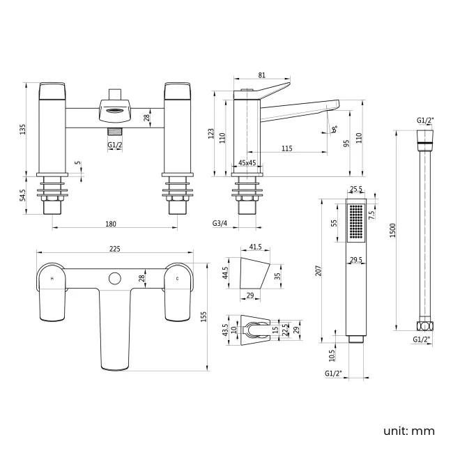 Aire Brushed Brass Basin & Shower Bath Mixer Tap Set