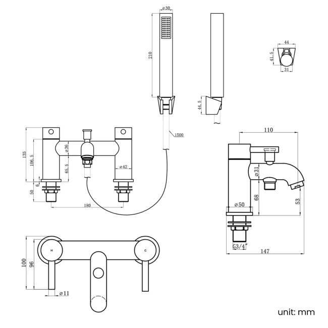 Trent Gunmetal Grey Basin & Shower Bath Mixer Tap Set