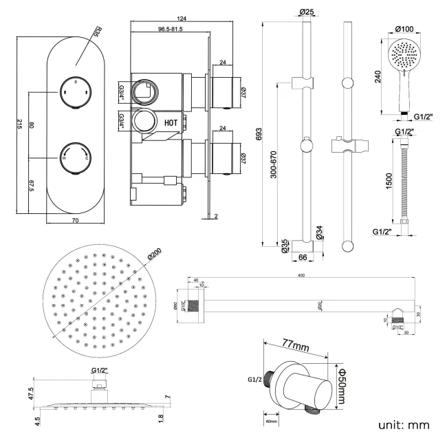 Ballina Premium Chrome Round Thermostatic Shower Set - 200mm Head & Slider Hand Shower