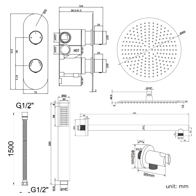 Ballina Premium Chrome Round Thermostatic Shower Set - 300mm Head & Hand Shower