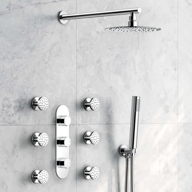 Ballina Premium Chrome Round Thermostatic Set - 200mm Head, Hand Shower & Body Jets