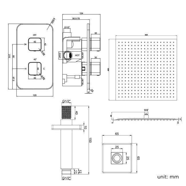 Galway Premium Ceiling Chrome Square Thermostatic Shower Set - 400mm Head