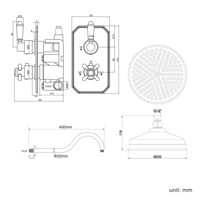 Shannon Premium Traditional Thermostatic Shower Set - 200mm Head