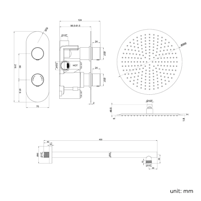 Ballina Premium Matt Black Round Thermostatic Shower Set - 300mm Head