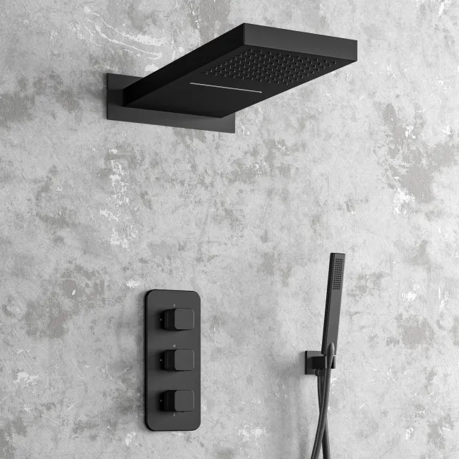 Galway Premium Matt Black Square Thermostatic Waterfall Shower Set & Hand Shower