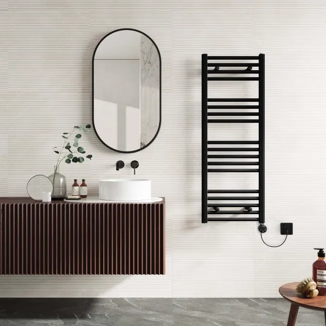 Naples Electric Premium Matt Black Straight Heated Towel Rail 1200x450mm