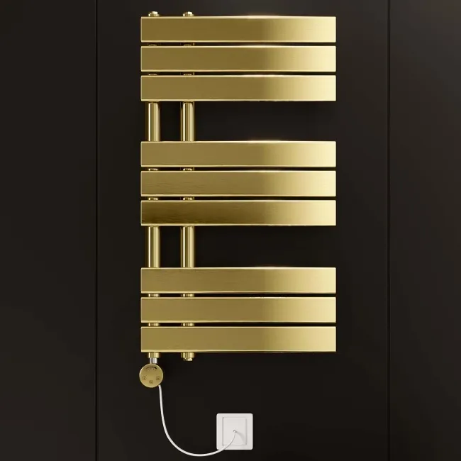 Seville Electric Brushed Brass Designer Flat Panel Heated Towel Rail 800x450mm