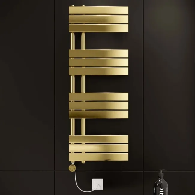 Seville Electric Brushed Brass Designer Flat Panel Heated Towel Rail 1200x450mm