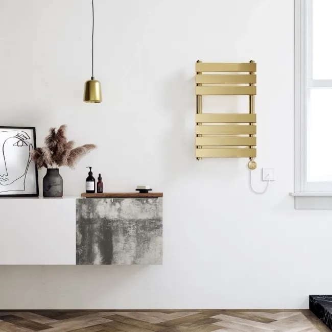 Santorini Electric Brushed Brass Flat Panel Heated Towel Rail 650x400mm