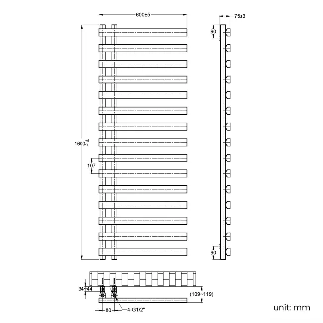 Palermo Electric Anthracite Designer Heated Towel Rail 1600x600mm