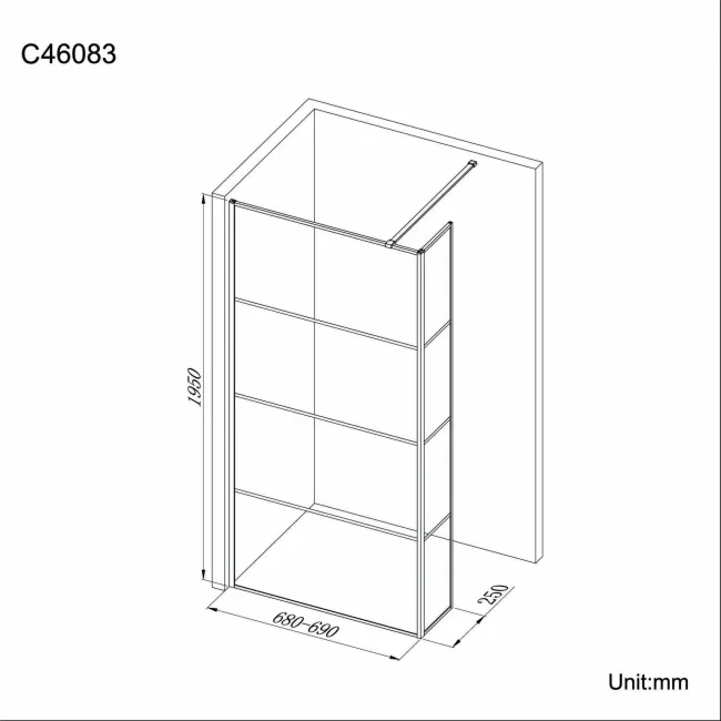 Munich Matt Black Grid 8mm Wet Room Shower Glass 700mm & 250mm Return Panel