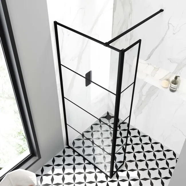 Munich Matt Black Grid 8mm Wet Room Shower Glass 700mm & 250mm Pivotal Return Panel