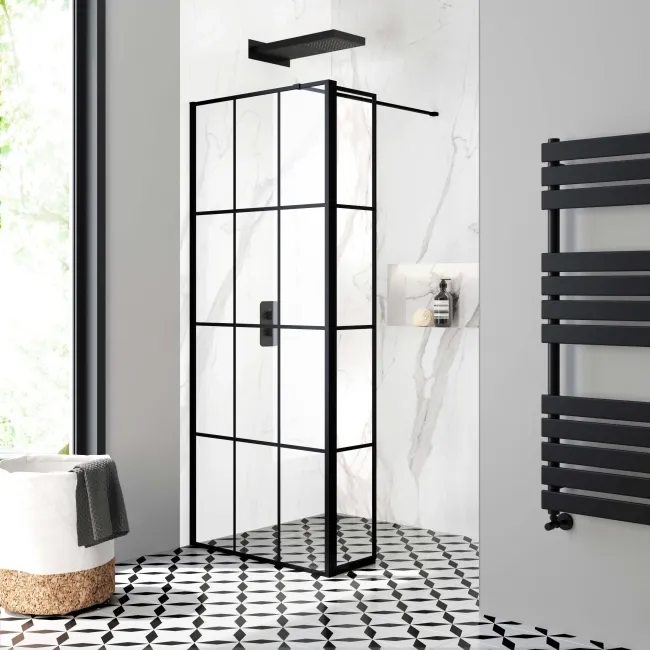Munich Matt Black Grid 8mm Wet Room Shower Glass 700mm & 250mm Pivotal Return Panel