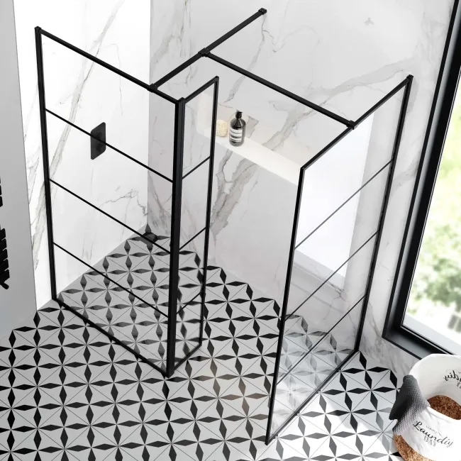 Munich Matt Black Grid 8mm Walk In Shower Enclosure 900mm & 900mm Glass with Pivotal Return Panel
