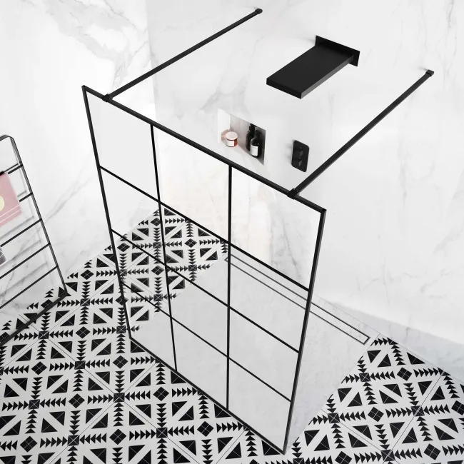 Munich Matt Black Grid 8mm Walk Through Wet Room Shower Glass Panel 1400mm