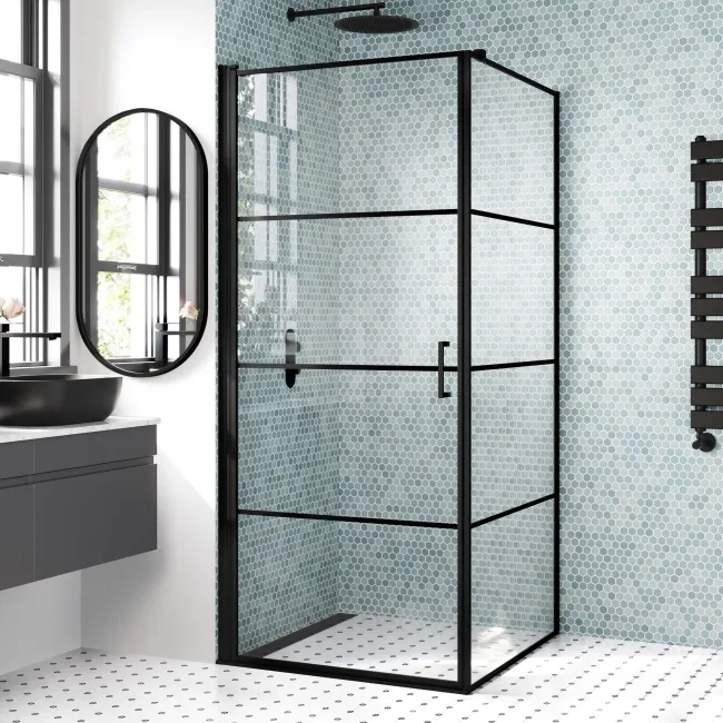 Toulon Matt Black Grid Easy Clean 6mm Pivot Shower Enclosure 900x900mm