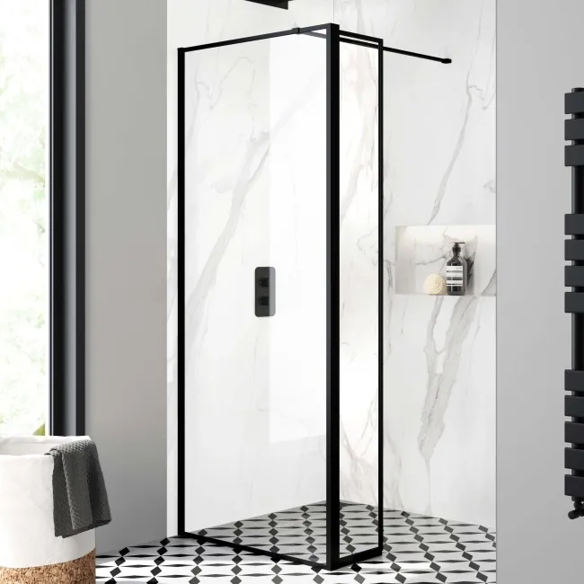 Munich Matt Black Framed 8mm Wet Room Shower Glass 700mm & 250mm Pivotal Return Panel