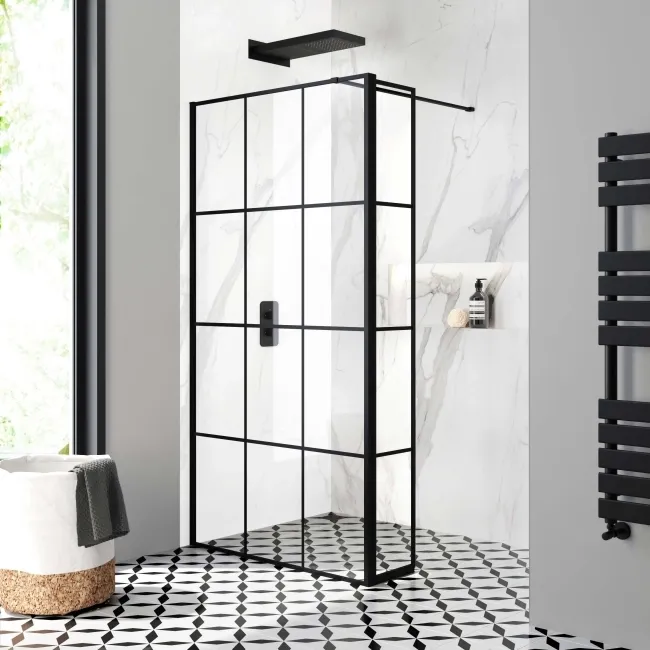 Munich Matt Black Grid 8mm Wet Room Shower Glass 1100mm & 250mm Pivotal Return Panel